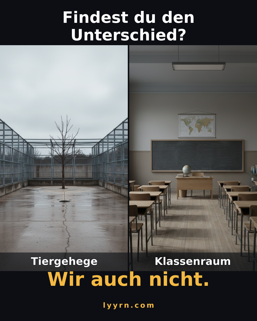 Beide Bilder sind KI-generiert (keine echten Orte). Der Punkt ist die Form, nicht die Gleichsetzung von Kindern mit Tieren: erzwungene Anwesenheit hinter Zaun bzw. in Reihen. Ein Vergleich, der zum Nachdenken einlädt — kein Urteil über Menschen.